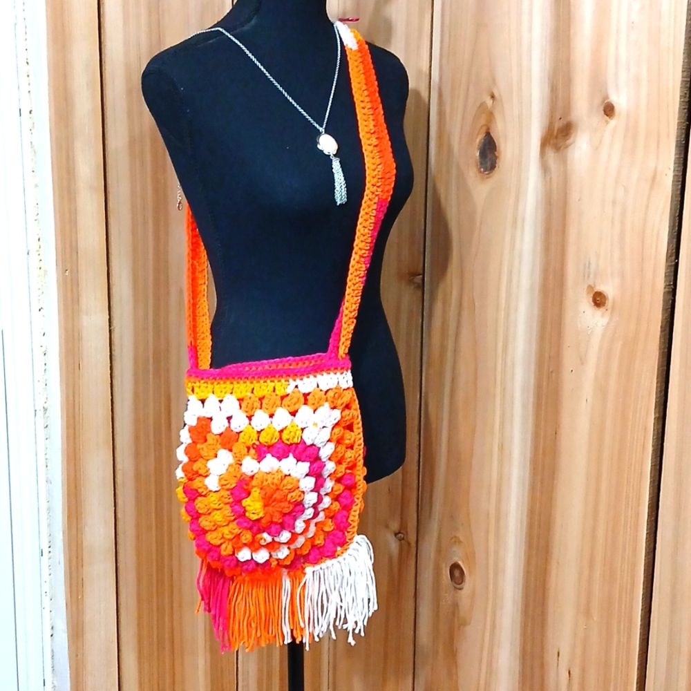Vibrant Orange and Pink Artisanal Shoulder Bag with Fringe